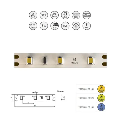 Taśma LED 8mm 300 diod 12V 6W/m 3200K biały ciepły - rolka 5m. TR20.0001.00.168 Taśma LED 8mm 300 diod 12V 6W/m 3200K biały ciepły - rolka 5m. TR20.0001.00.168