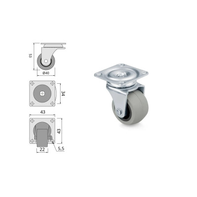 Kółko łożyskowane fi40 guma - KM414 kolor szary