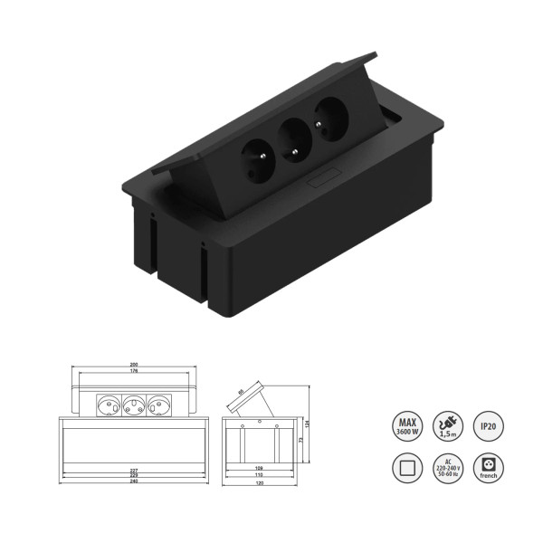 Gniazdo blatowe wpuszczane prostokątne czarne Elektrima Kwadro (3x230V)