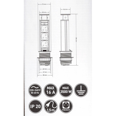 Tubus - Przedłużacz biurkowy wpuszczany z USB  (3x230V french) GTV AE-BPW3U60-20