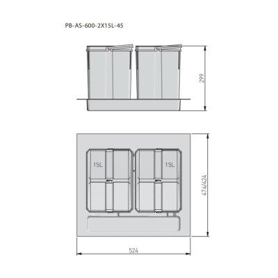 Kosz do segregacji śmieci GTV AXISPACE 600 antracyt PB-AS-600-1X15L-2X7L-45