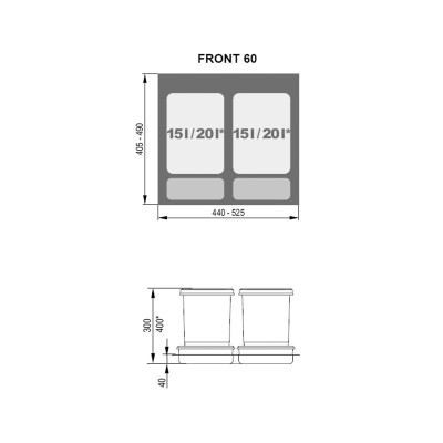 Pojemnik na odpady PRAKTIKO 60 (2x20L) H-400 REJS WE14.1827.05.049