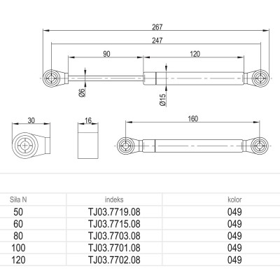 Podnośnik gazowy do frontów meblowych REJS 120N metal/tworzywo Podnośnik gazowy do frontów meblowych REJS 120N metal/tworzywo